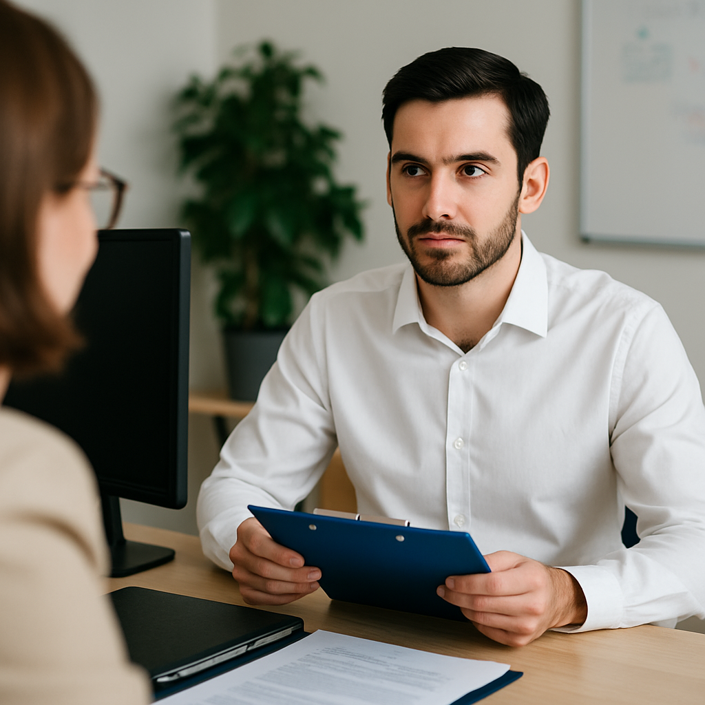 Professioneller Coach im Beratungsgespräch - Mann mit dunklem Haar und Bart in weißem Hemd sitzt am Schreibtisch mit blauem Ordner. Gegenüber eine Person im Gespräch.