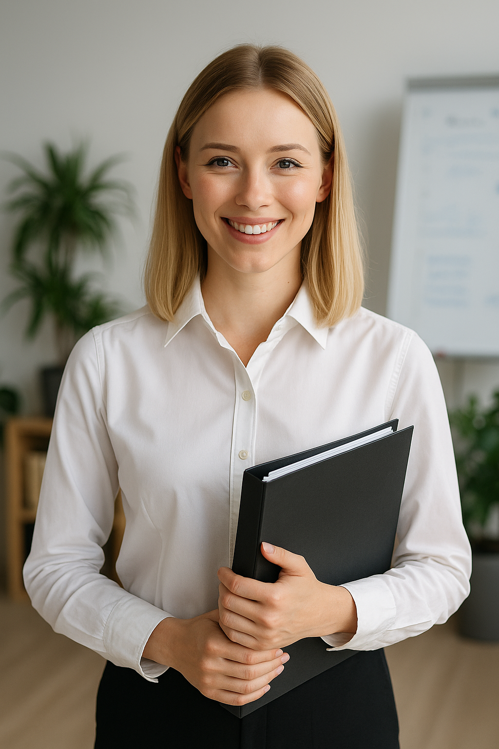 Professionelle Bewerbungscoach - Blonde Frau mit weißem Hemd und schwarzem Ordner lächelt freundlich in die Kamera. Im Hintergrund modernes Büro mit Pflanzen.