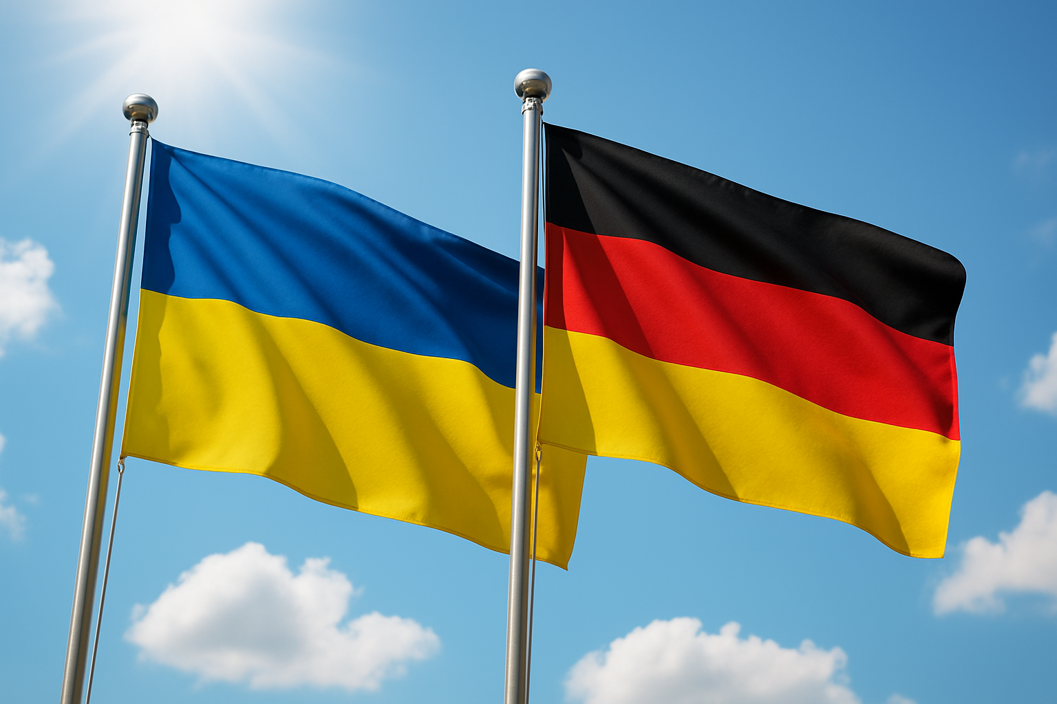 Ukrainische und deutsche Flagge nebeneinander gehisst - Symbol für internationale Zusammenarbeit, Integration und Förderung zwischen Ukraine und Deutschland.
