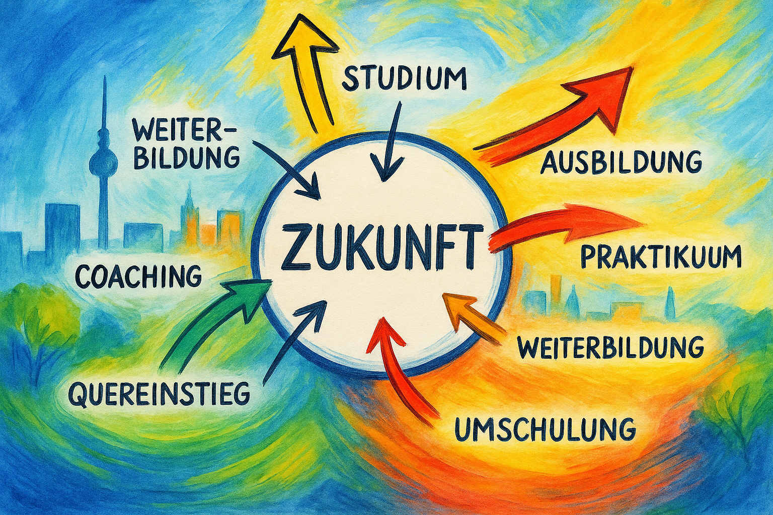 Zukunftsplan - Bunte Darstellung verschiedener Bildungs- und Karrierewege mit Berlin Skyline. Zentral steht 'ZUKUNFT' umgeben von Pfeilen zu Studium, Ausbildung, Praktikum, Weiterbildung, Umschulung, Quereinstieg und Coaching.